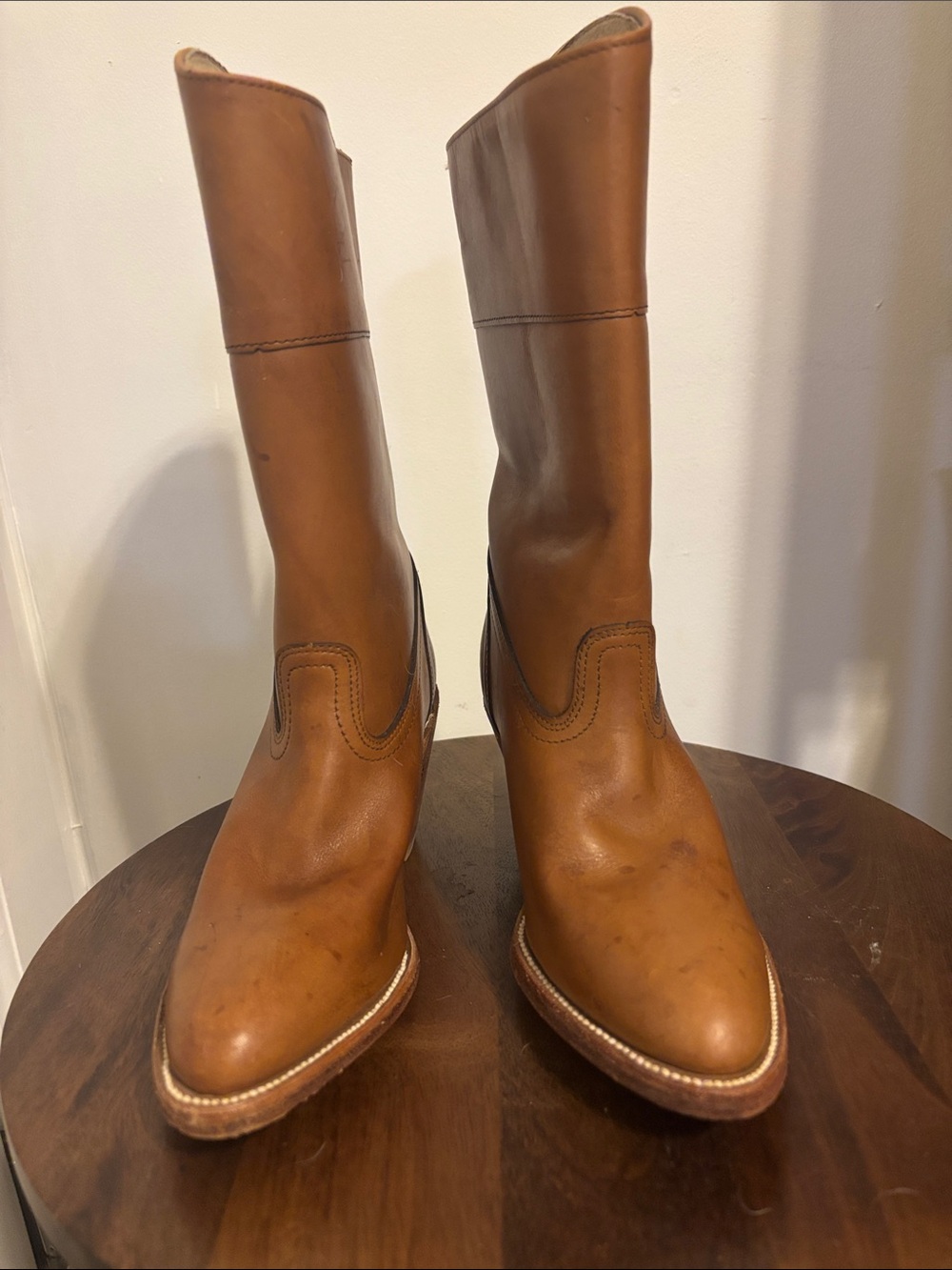 Frye 70s Vintage Tan Leather Mid-Calf Western Boots - Picture 3 of 12